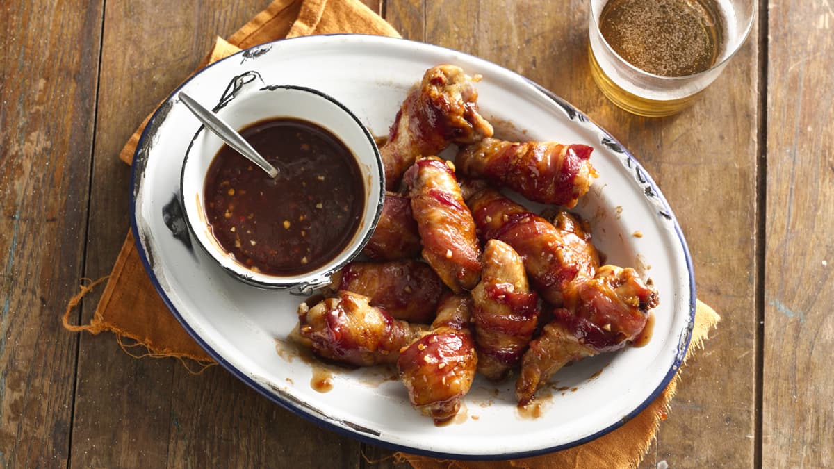 Bacon-Wrapped Chicken Wings with Bourbon Barbecue Sauce