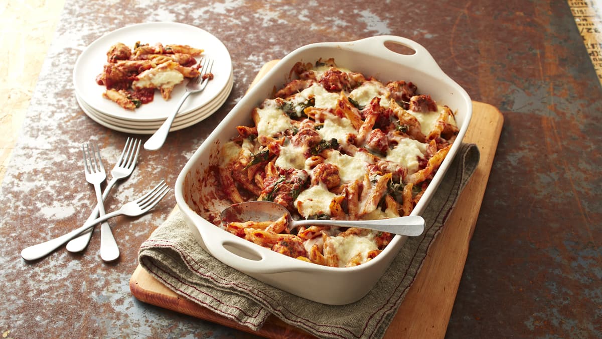 Baked Penne with Chicken Meatballs and Ricotta