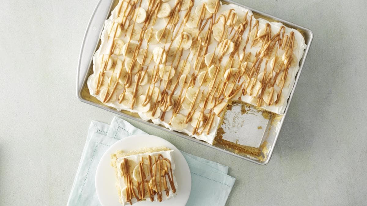 Banana Peanut Butter and Marshmallow Poke Cake