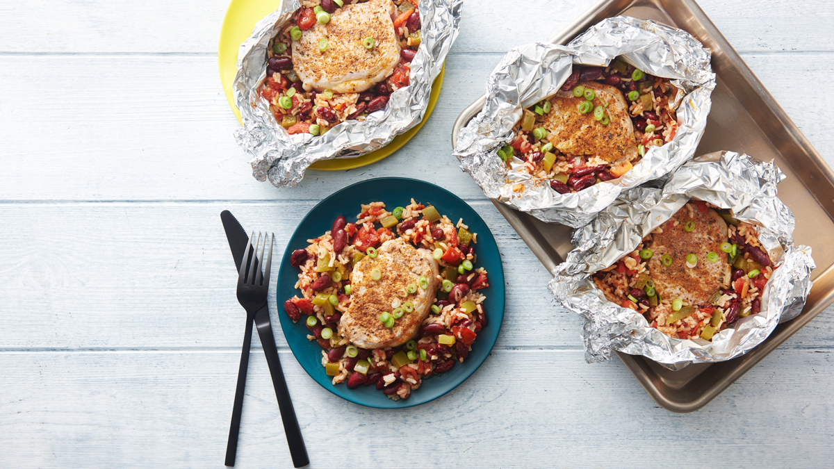 Cajun Pork Chop Red Beans and Rice Foil Packs