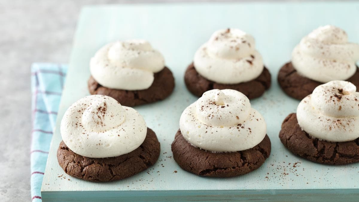 Hot Chocolate Crinkle Cookies with Marshmallow Frosting