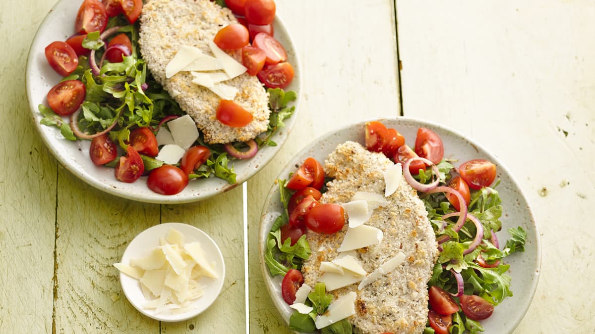 Skinny Chicken Milanese with Balsamic Arugula Salad 