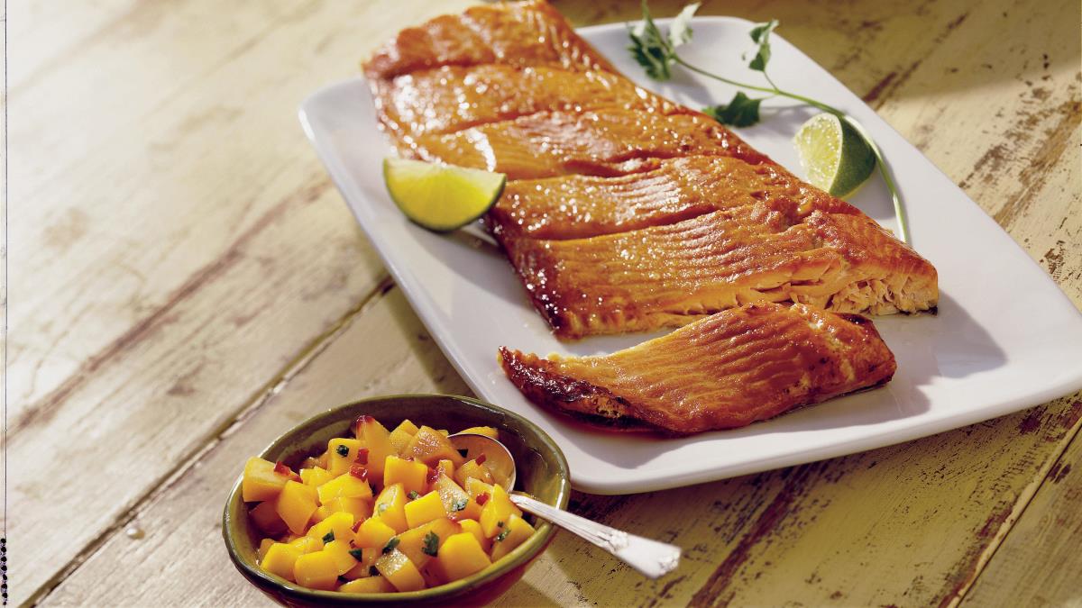 Planked Salmon with Peach Mango Salsa (Gluten Free)