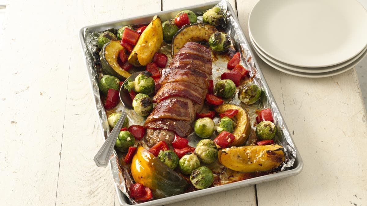 Bacon-Wrapped Pork Tenderloin with Harvest Vegetables