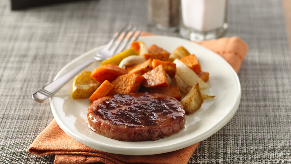 Smoked Pork Chops with Apple and Sweet Potato