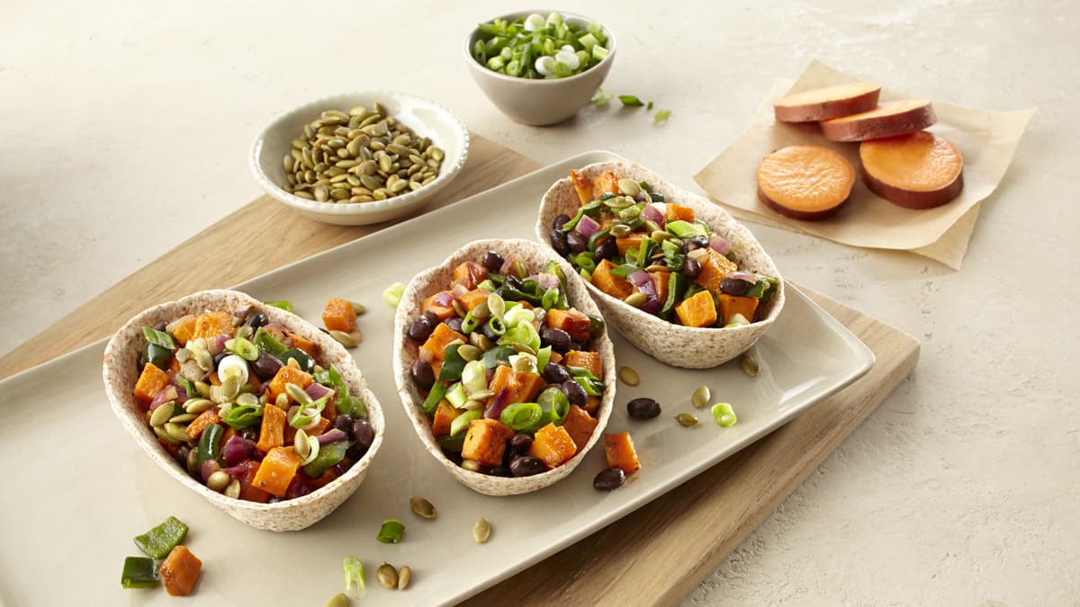 Vegetarian Sweet Potato and Black Bean Whole Wheat Tortilla Bowls